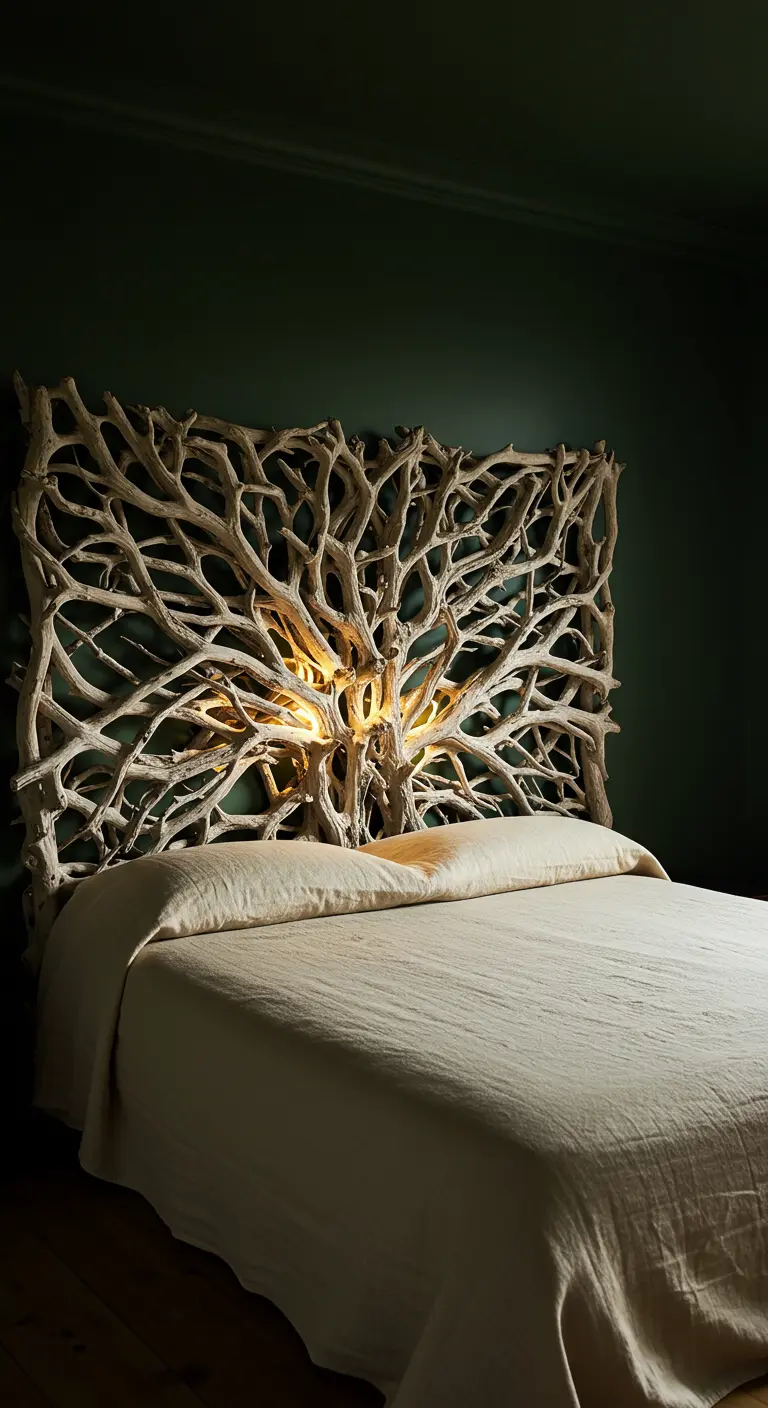 Tête de lit sculpturale faite de racines blanchies entrelacées, avec une lumière au centre.