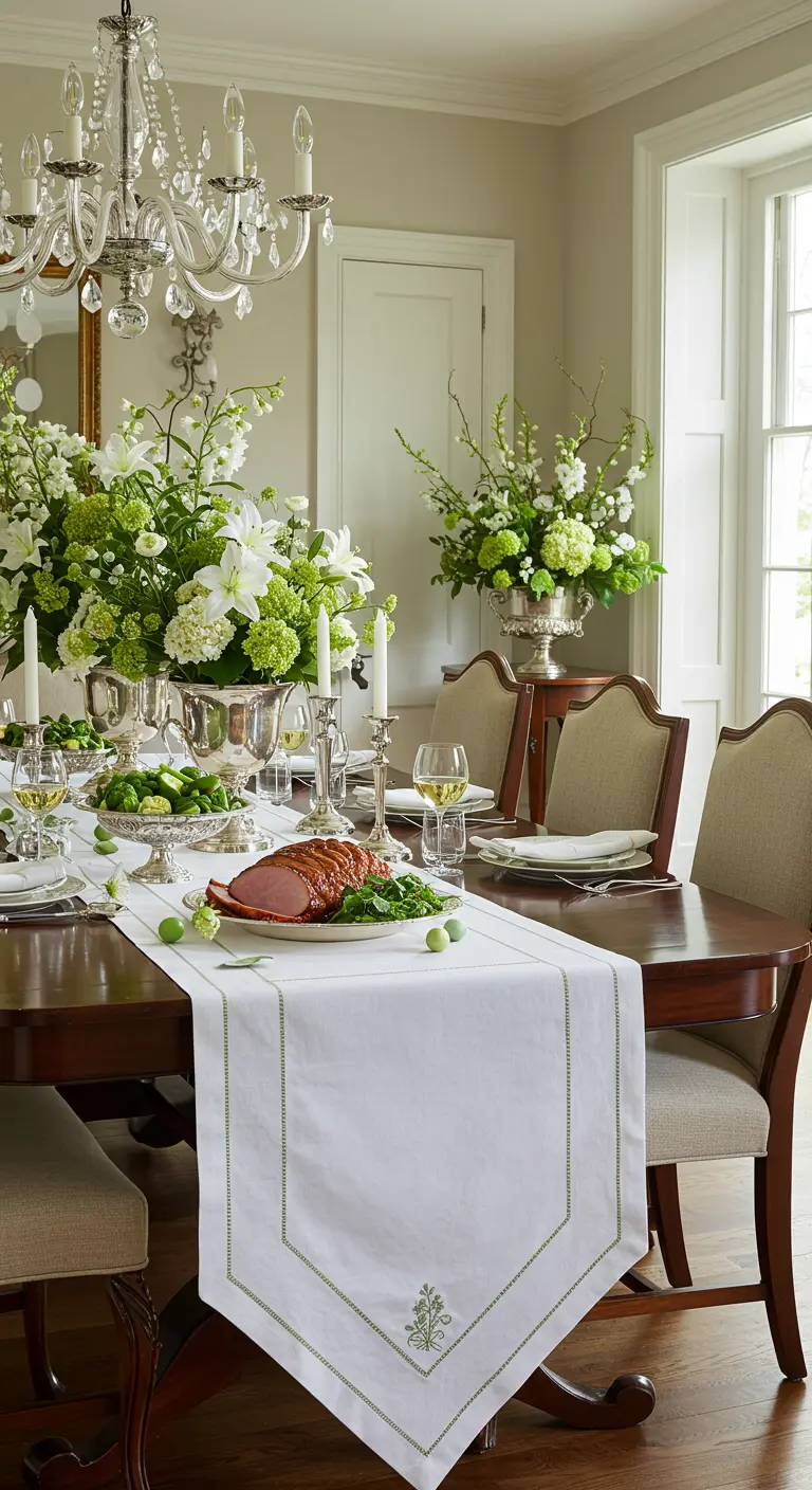 Chemin de table blanc brodé vert, jambon élégant, jardinières argentées avec fleurs blanches et vertes.