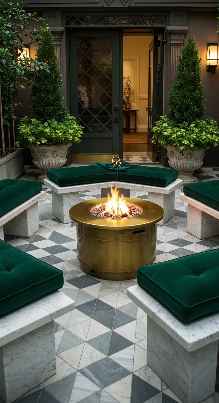 Cour chic avec sol à carreaux, bancs en marbre, coussins vert émeraude, foyer en laiton, cyprès.