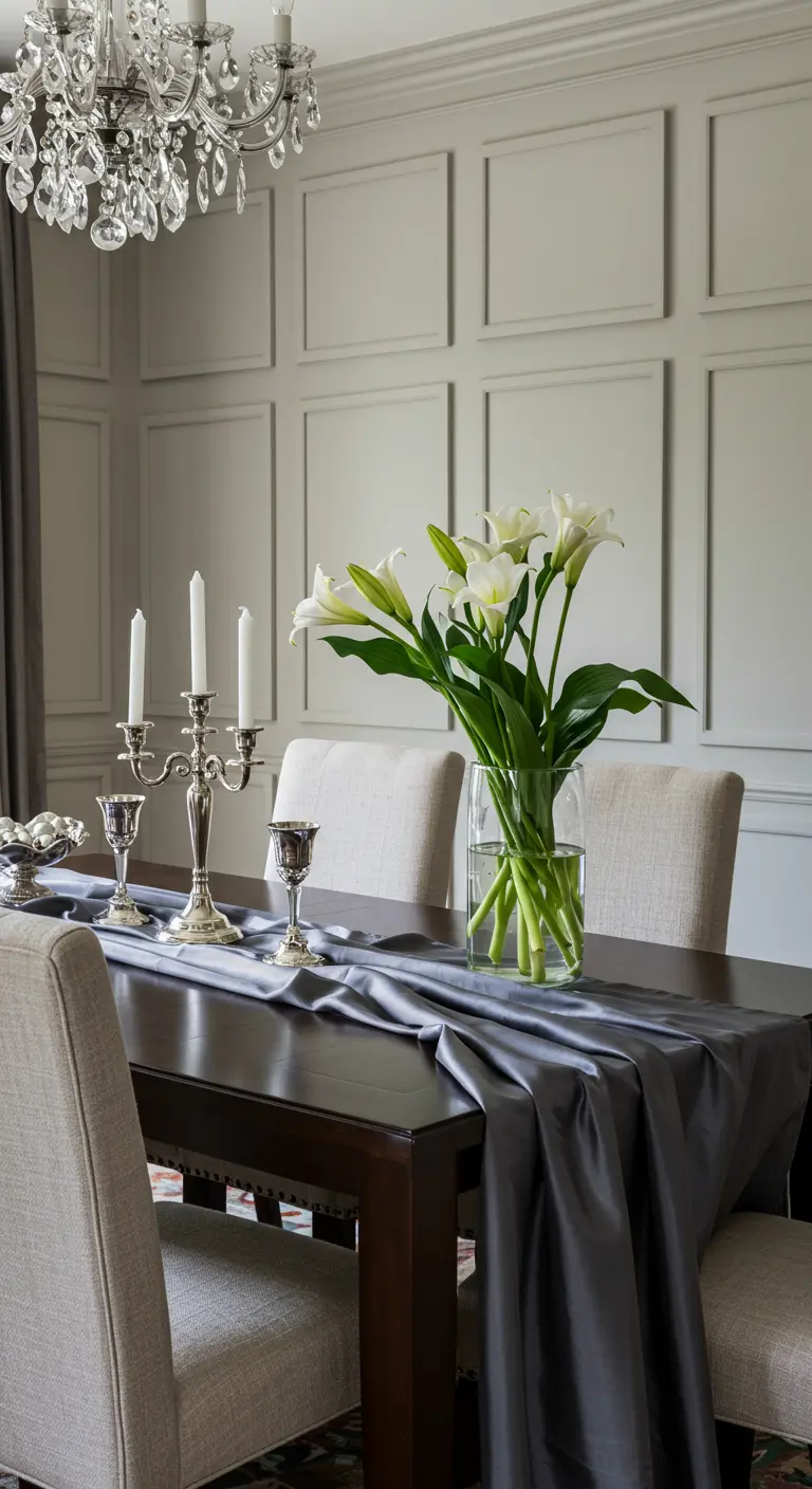 Chemin de table en satin gris avec bougeoirs argentés et un grand vase de lys blancs.