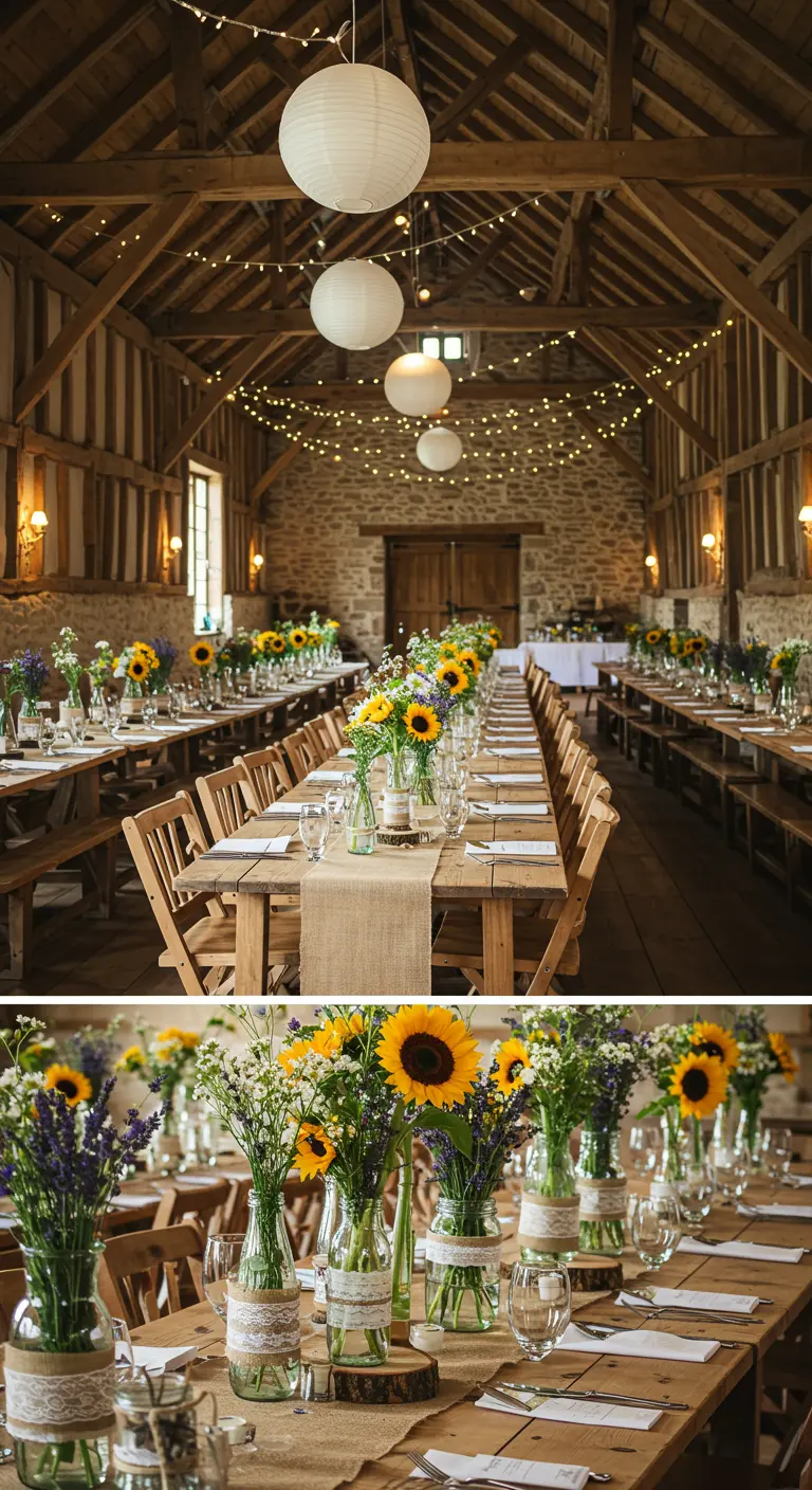 Tables de mariage dans une grange, tournesols en bocaux, lampions en papier et guirlandes lumineuses.