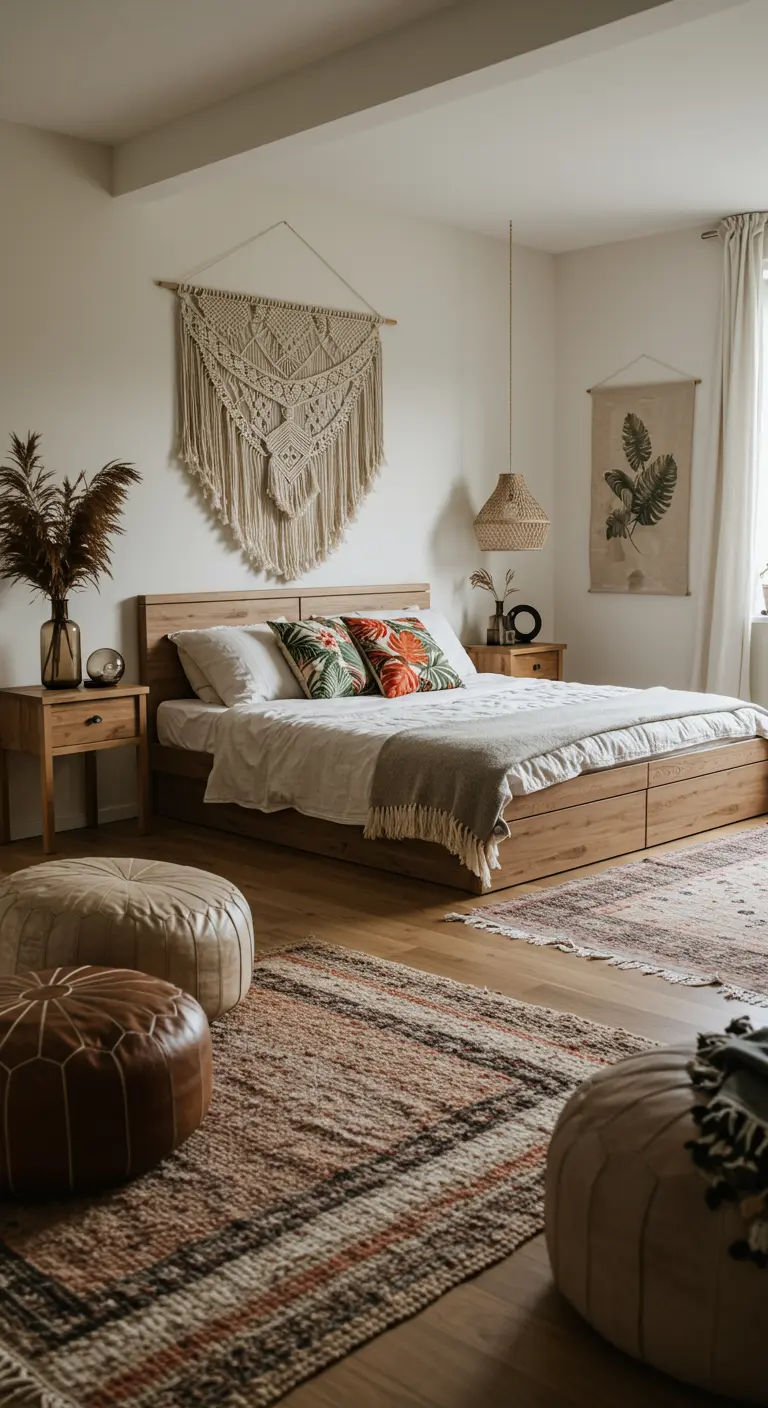 Chambre bohème avec lit en bois à tiroirs, poufs en cuir, macramé et suspension tissée.