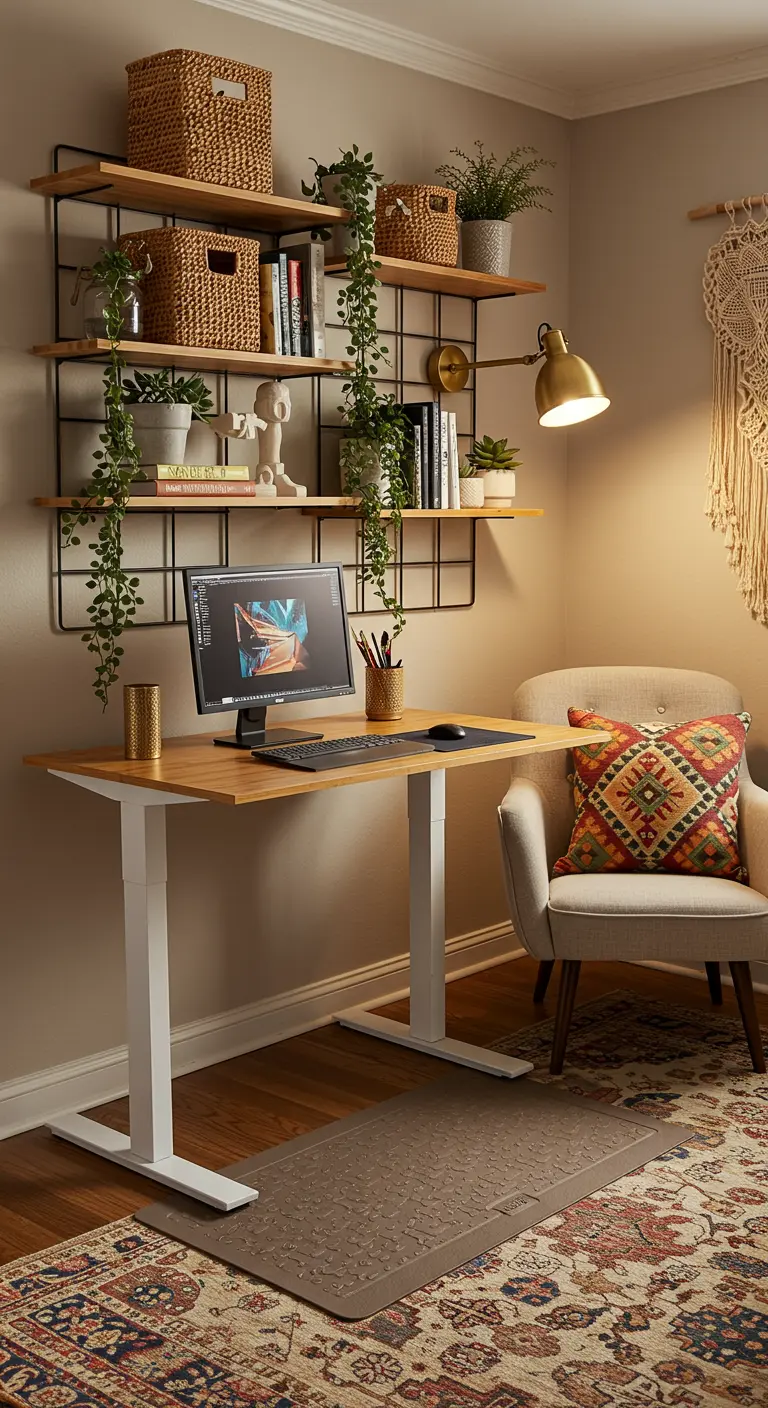 Bureau réglable en hauteur avec étagères industrielles et plantes grimpantes.