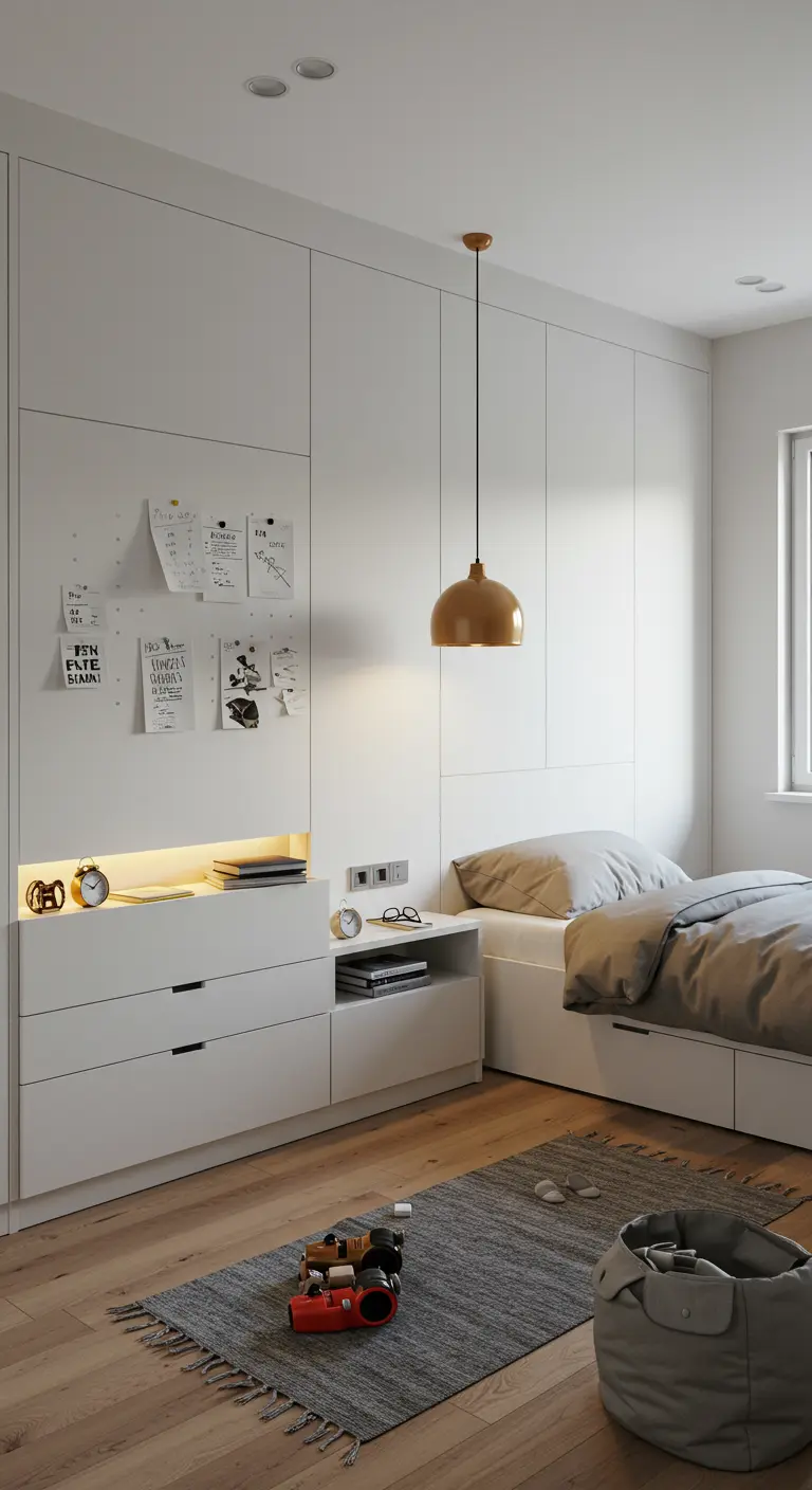 Chambre ado minimaliste avec un dressing intégré blanc, des tiroirs et une niche éclairée.