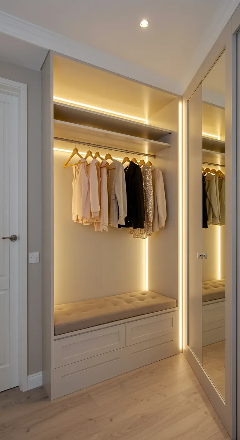 Dressing couloir avec rangements intégrés, banquette et éclairage LED linéaire.