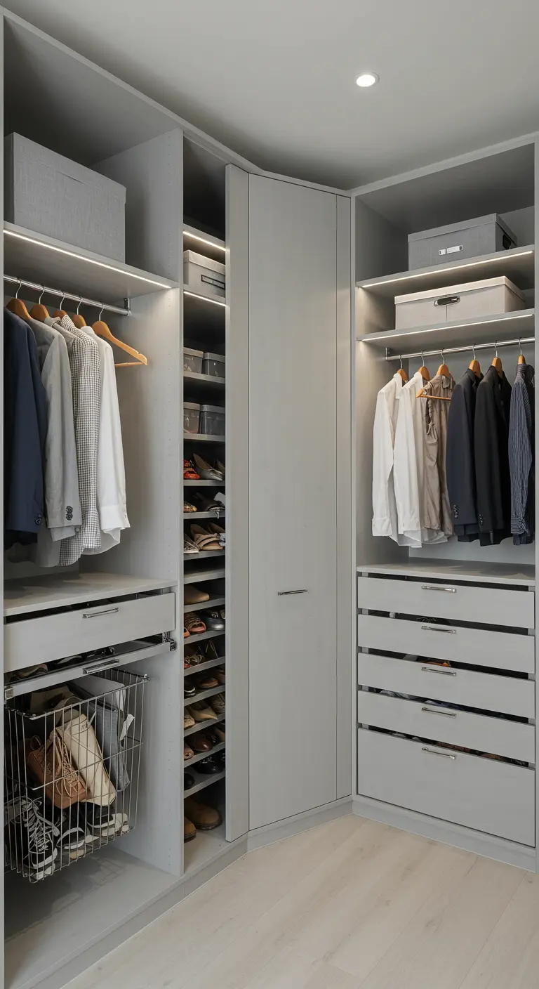 Dressing gris clair minimaliste avec rangements d'angle, porte-chaussures et paniers à linge.