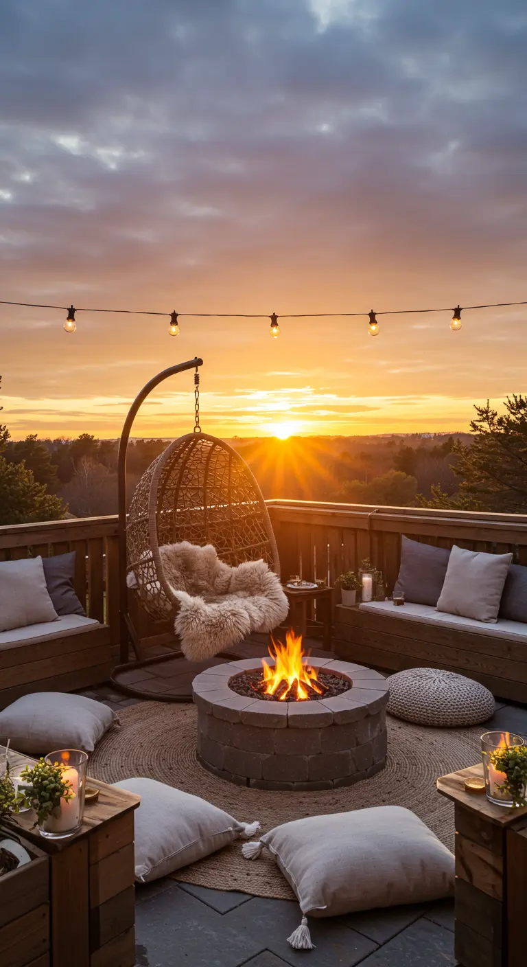 Fauteuil suspendu en rotin près d'un braséro sur une terrasse en bois.