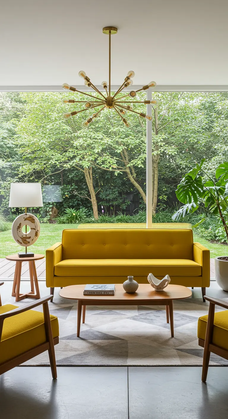 Salon mid-century moderne avec canapé jaune, tapis géométrique, lustre Starburst et vue sur jardin.