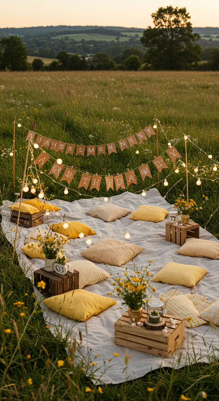 Pique-nique anniversaire dans un champ fleuri, déco jaune, caisses en bois et guirlande lumineuse.