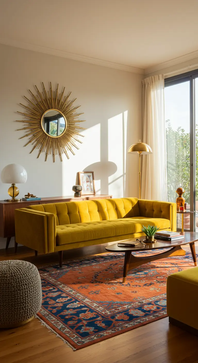 Grand miroir soleil doré sur un mur blanc, au-dessus d'un canapé jaune moutarde.