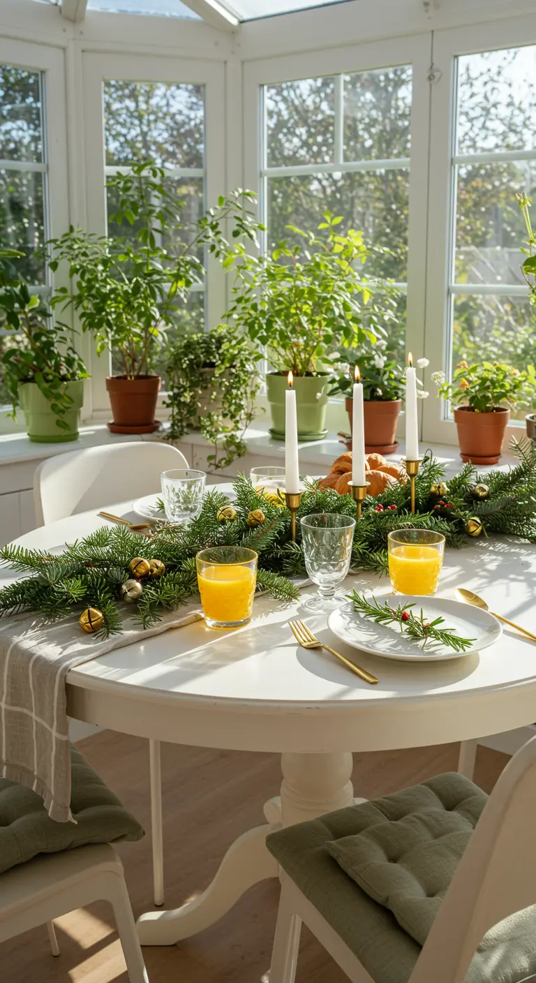 Table ronde dans une véranda, chemin de table sapin, clochettes dorées, boules vertes et bougies.