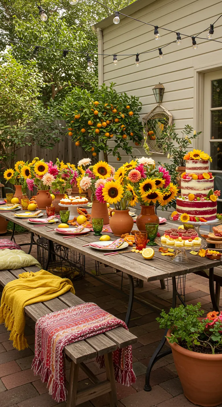 Table d'extérieur décorée de tournesols, agrumes, vaisselle colorée et guirlande lumineuse.
