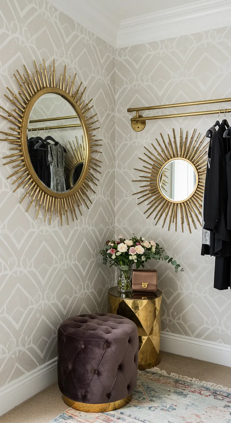 Dressing avec deux miroirs soleil dorés, tringle dorée et tabouret en velours prune.