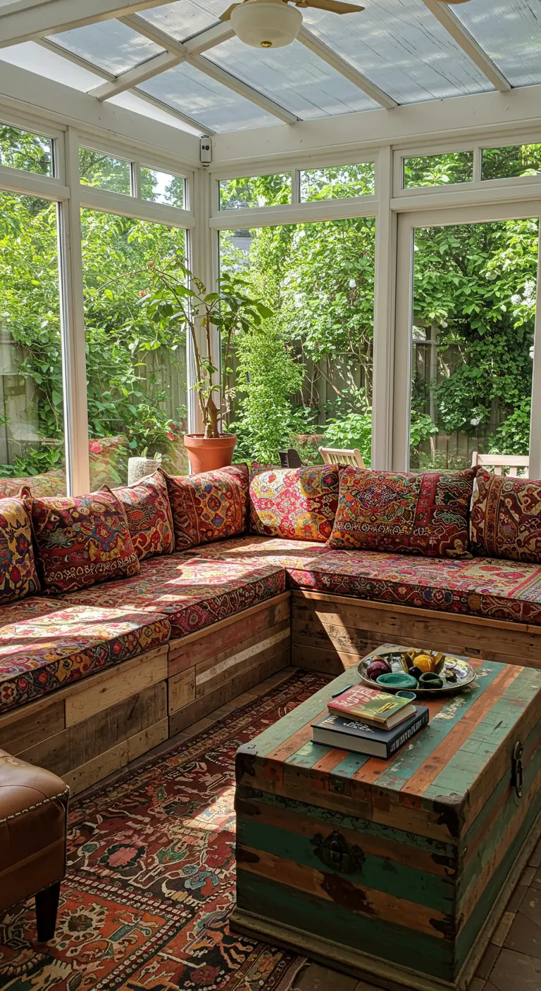 Banquette en bois dans véranda, coussins à motifs riches, coffre vintage comme table basse.