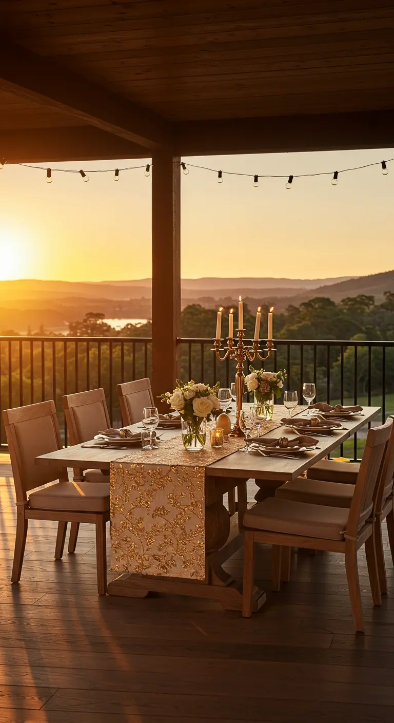 Chemin de table brodé or sur terrasse au coucher du soleil avec chandelier et bouquets blancs.