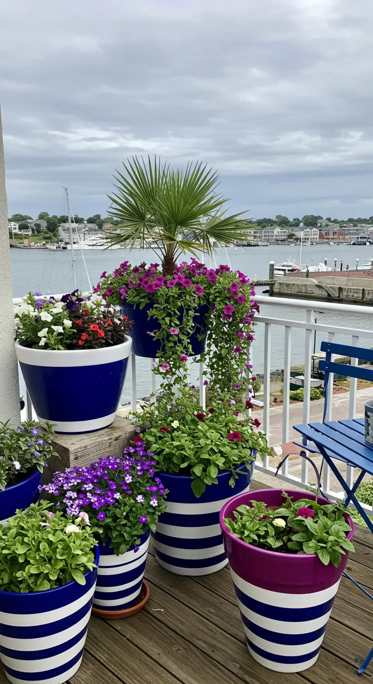 Balcon avec vue sur la mer, pots rayés bleu et blanc, remplis de pétunias et de plantes à fleurs violettes et roses.