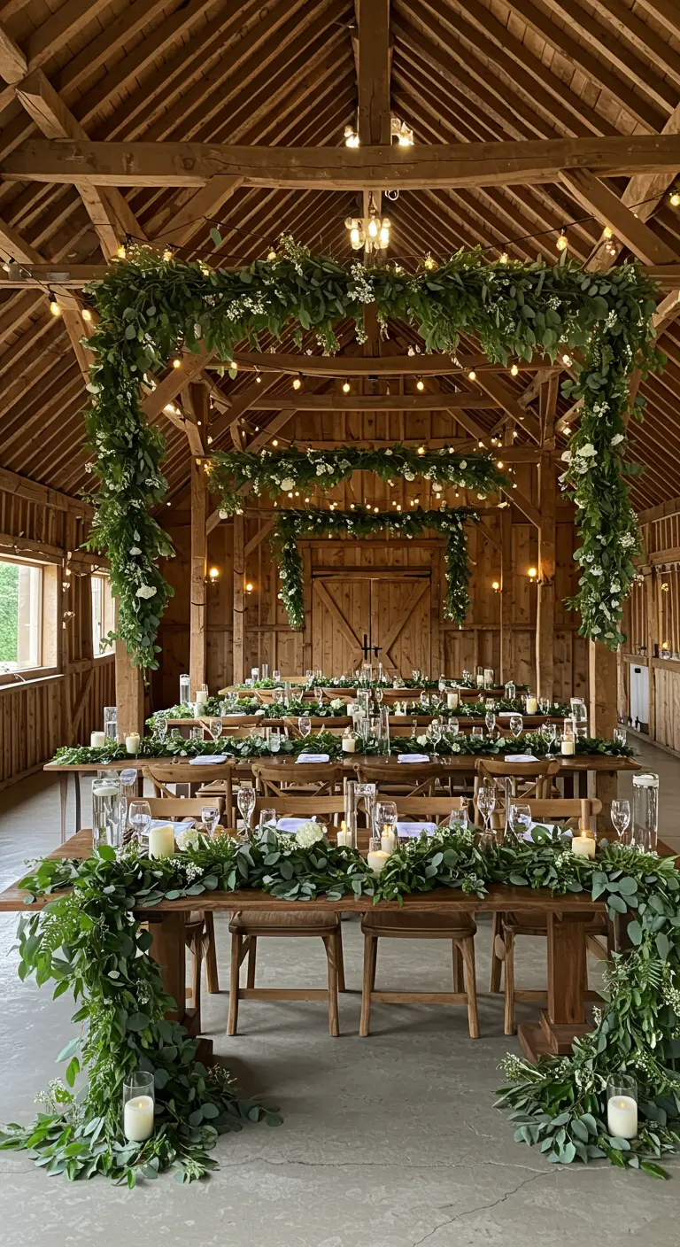 Longues tables de réception dans une grange décorées de guirlandes d'eucalyptus et bougies.