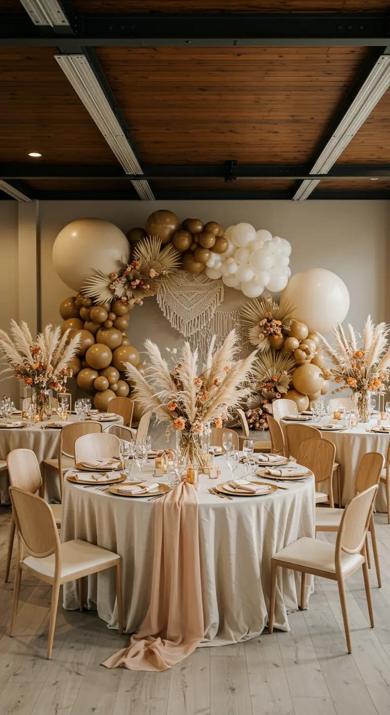 Arche de ballons marrons, beiges et blancs dans une salle de réception élégante.