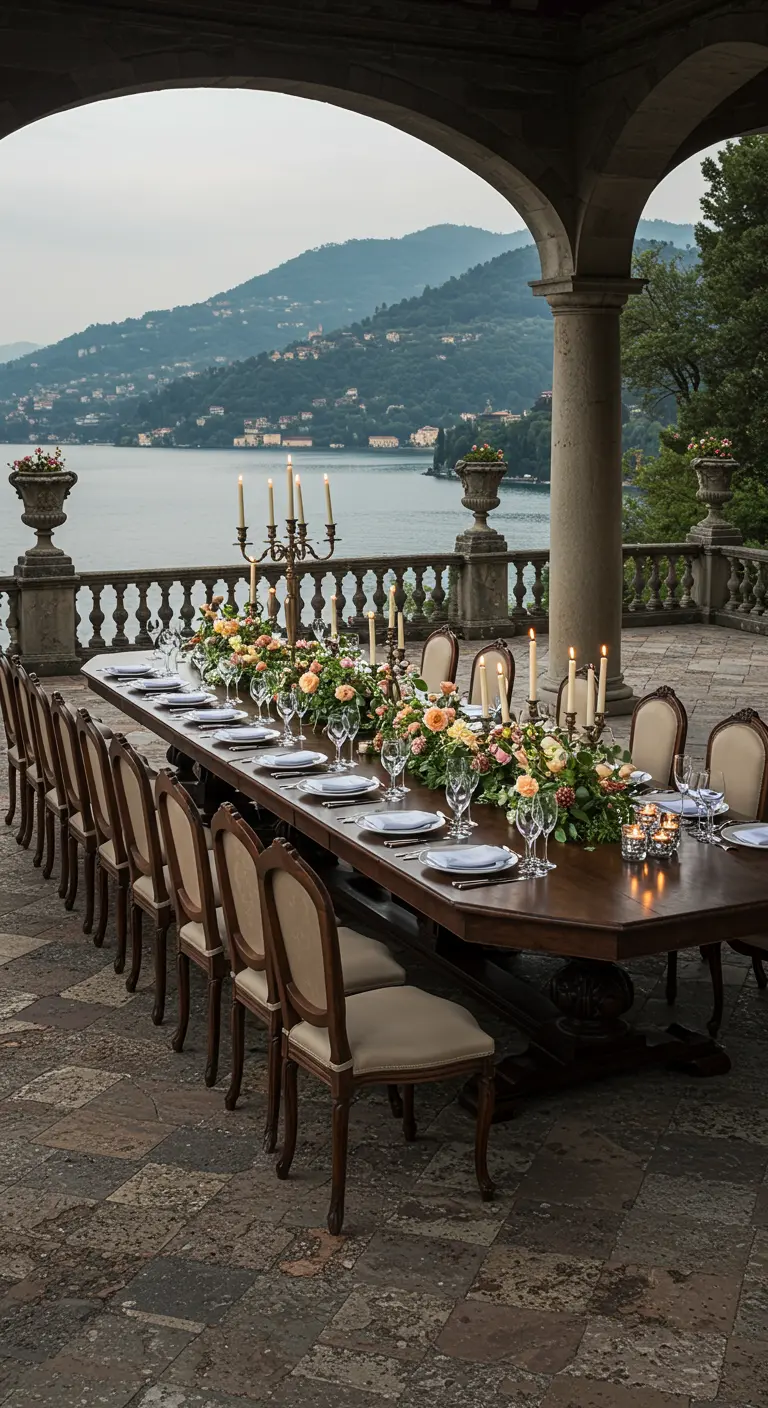 Très longue table de banquet dressée sur une loggia face à un lac.