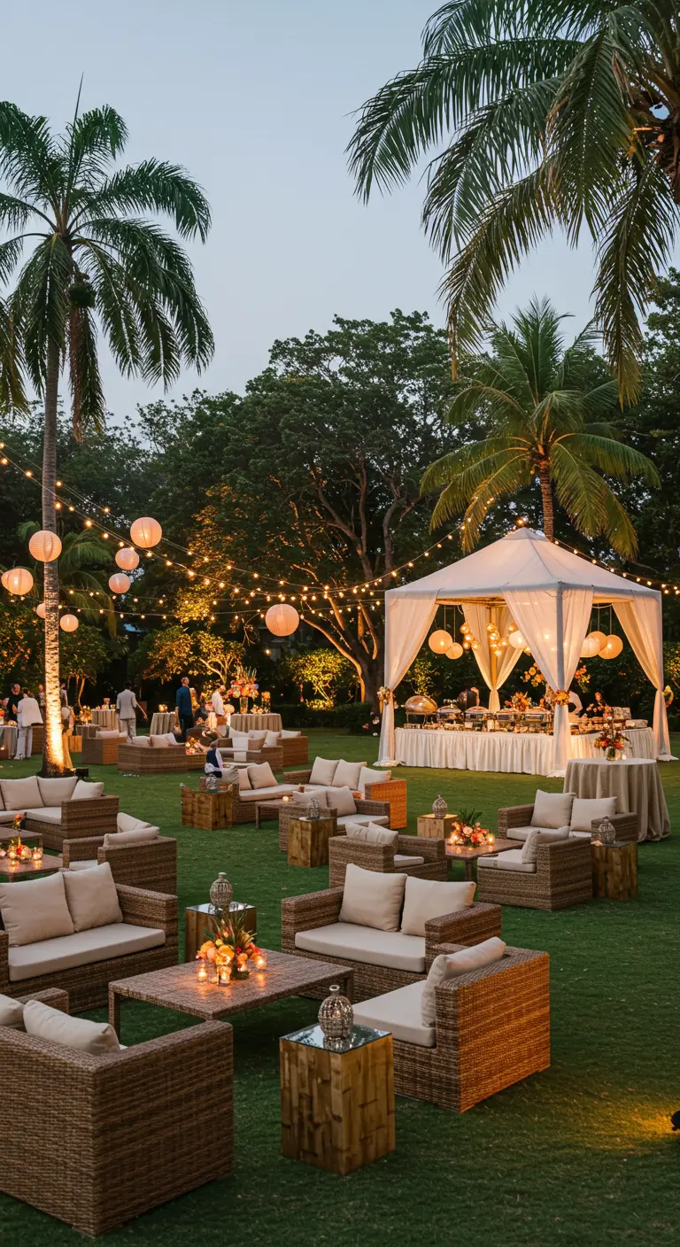 Réception en plein air dans un jardin luxuriant avec tentes blanches, salons en rotin, lampions et guirlandes lumineuses.