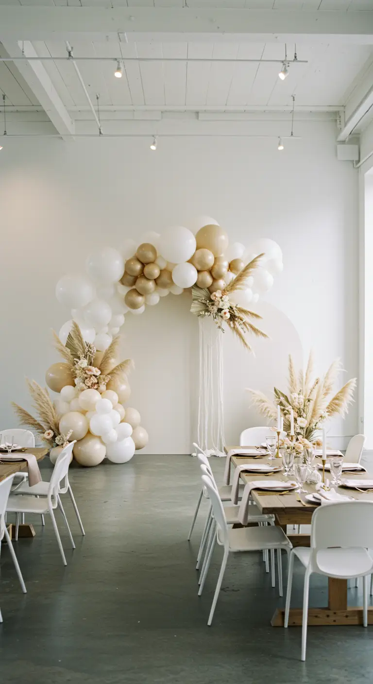 Arche de ballons blancs, beiges et dorés dans une salle de réception lumineuse.