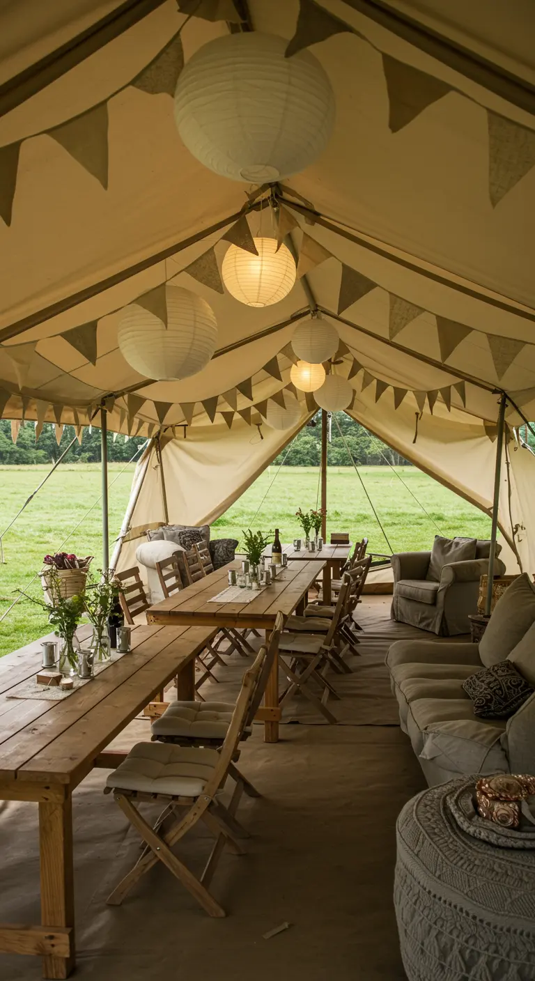 Intérieur de tente de réception avec longues tables en bois, lampions blancs et fanions en toile de jute.