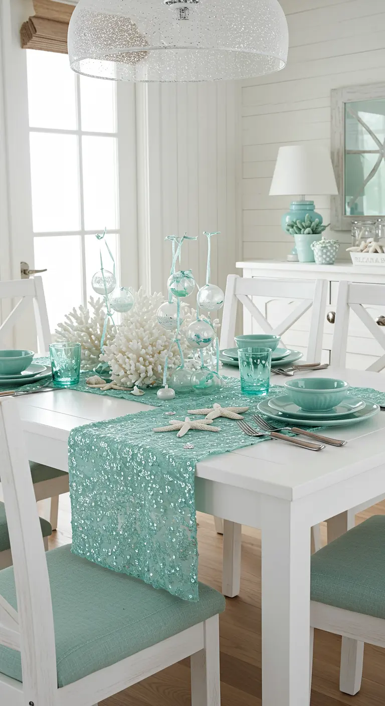 Table de Noël sur le thème de la mer avec un chemin de table à sequins turquoise.