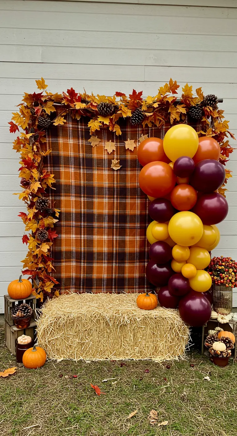 Photobooth d'automne avec fond en tartan, botte de paille, citrouilles et ballons chauds.