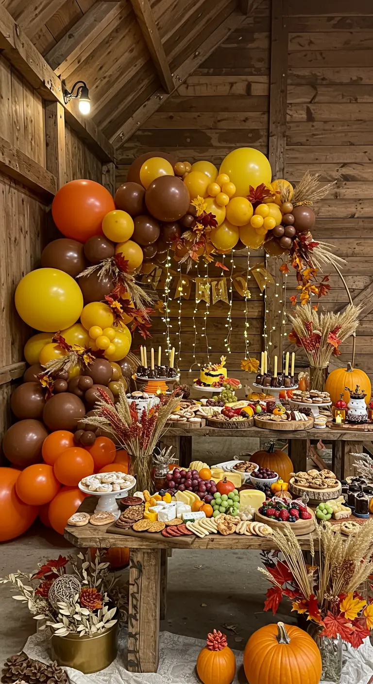 Arche de ballons aux couleurs d'automne dans une grange, devant un buffet.