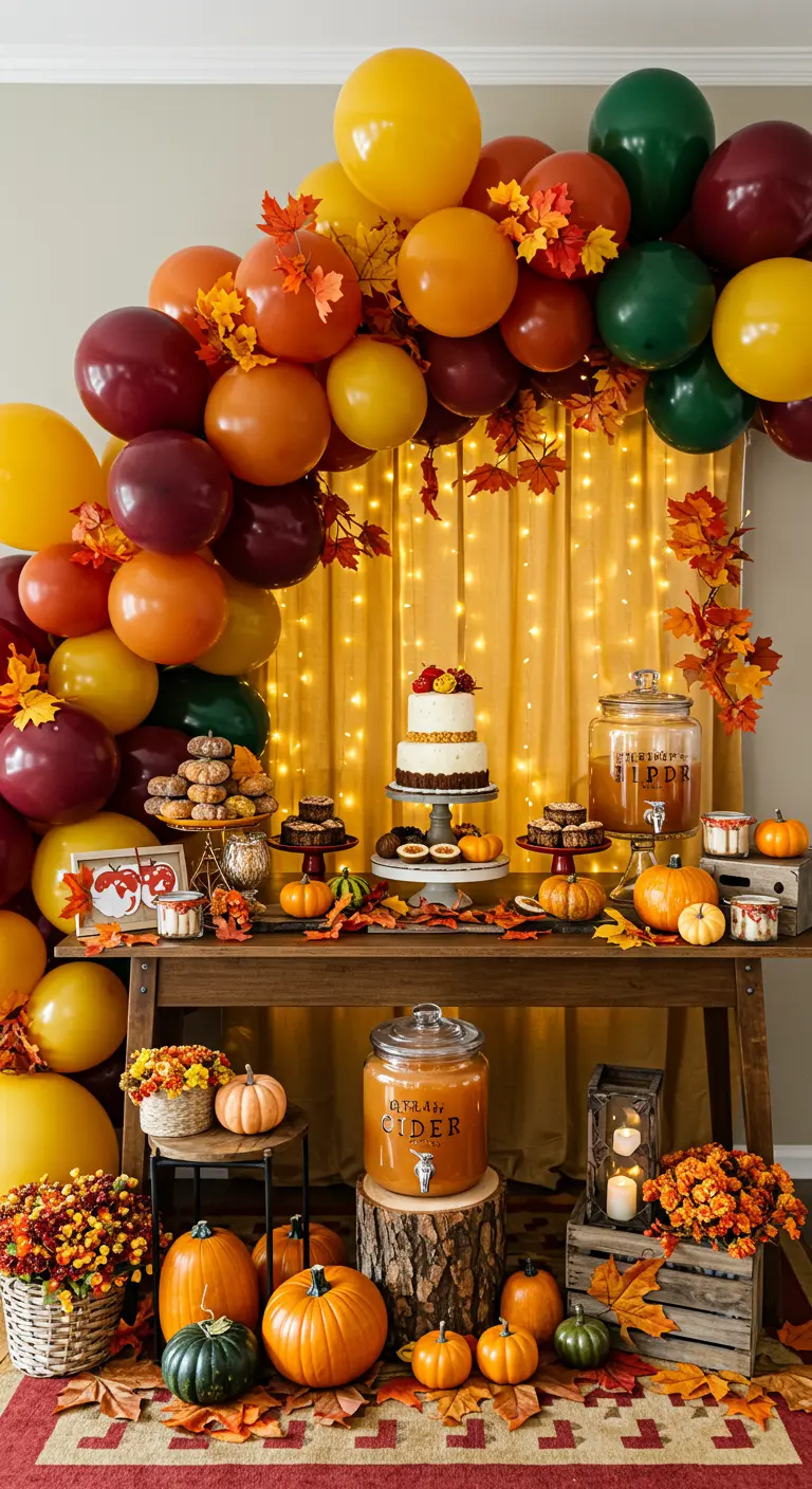 Arche de ballons aux couleurs automnales devant un rideau lumineux et un buffet de saison.