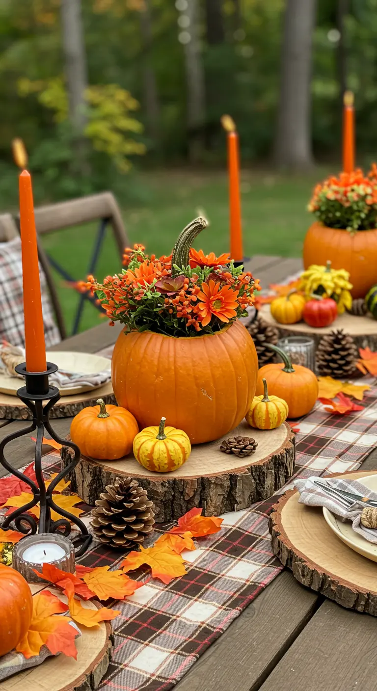 Table d'automne avec une citrouille évidée remplie de fleurs et entourée de bougies.