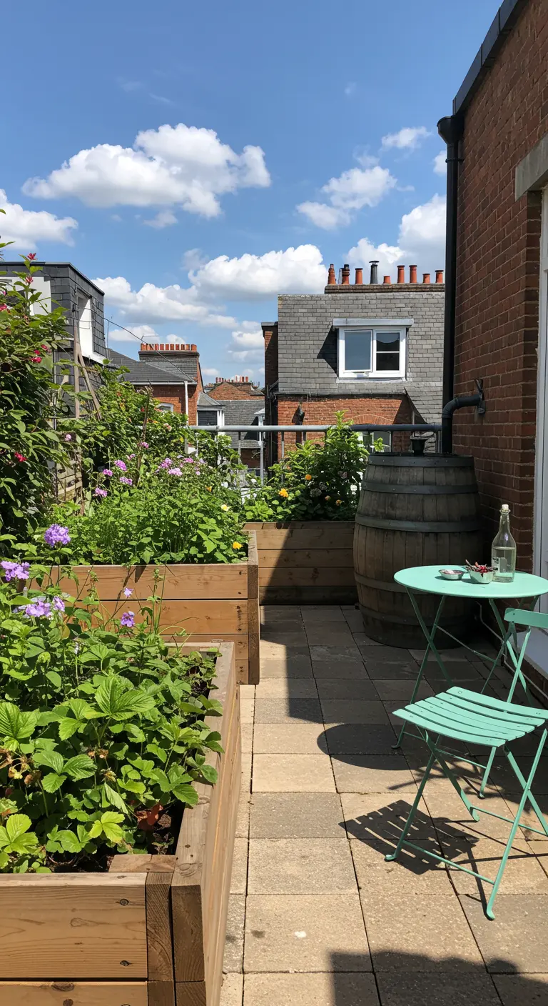 Toit-terrasse avec des bacs de jardinage en bois et un tonneau de pluie
