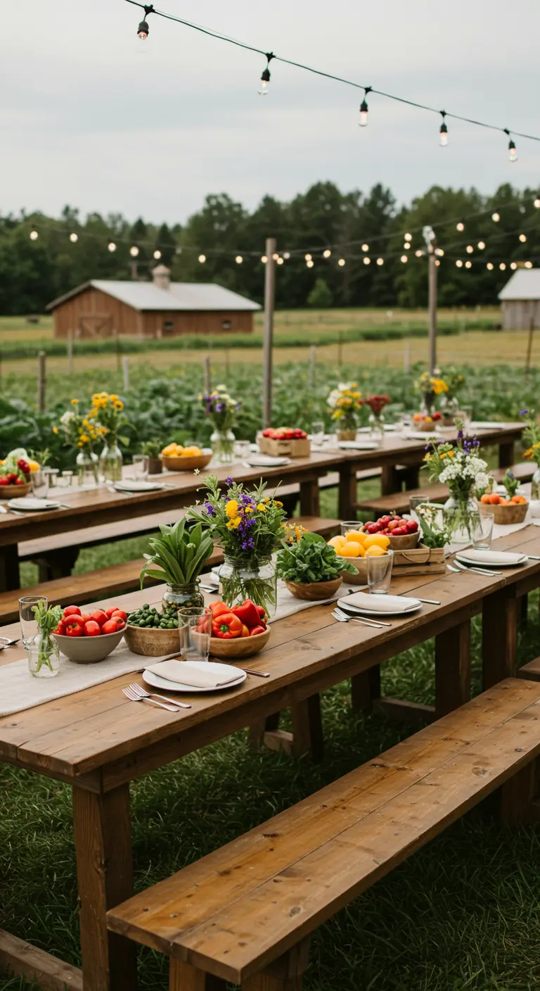 Longues tables de ferme dans un champ, avec légumes frais, herbes et fleurs des champs en centre de table.