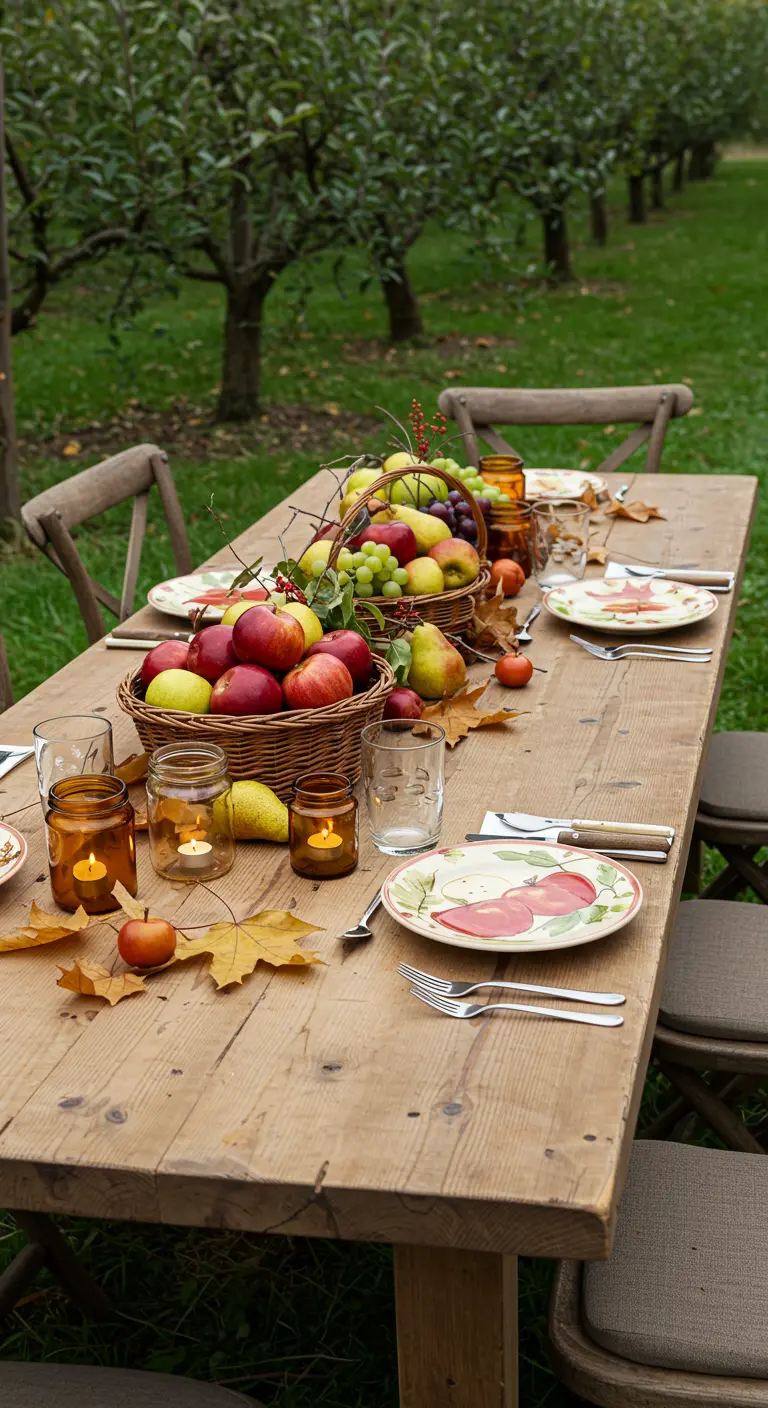 Table rustique en bois avec paniers de pommes, poires, raisins, feuilles d'érable et bougies en bocaux.