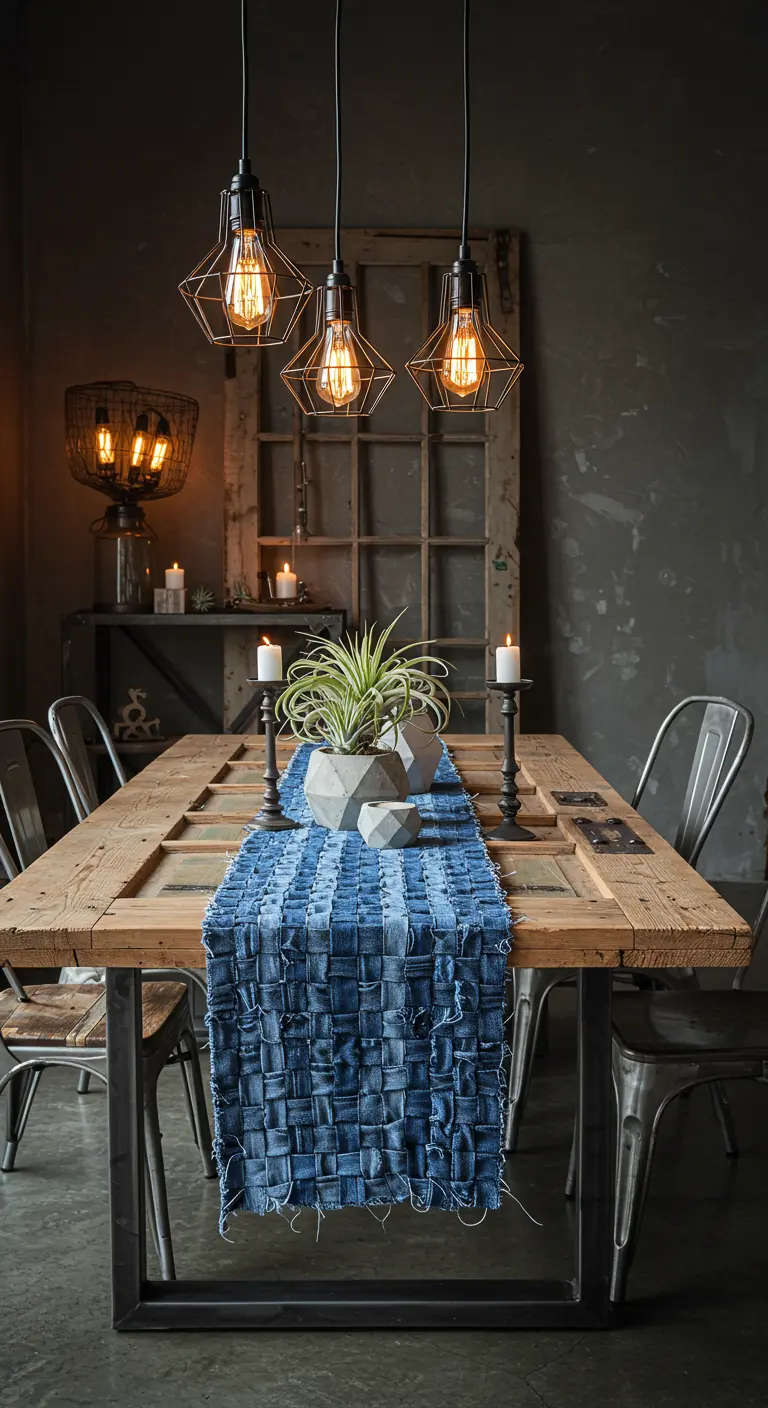 Chemin de table en jean tressé avec des vases en béton et bougeoirs sur une table en bois recyclé.