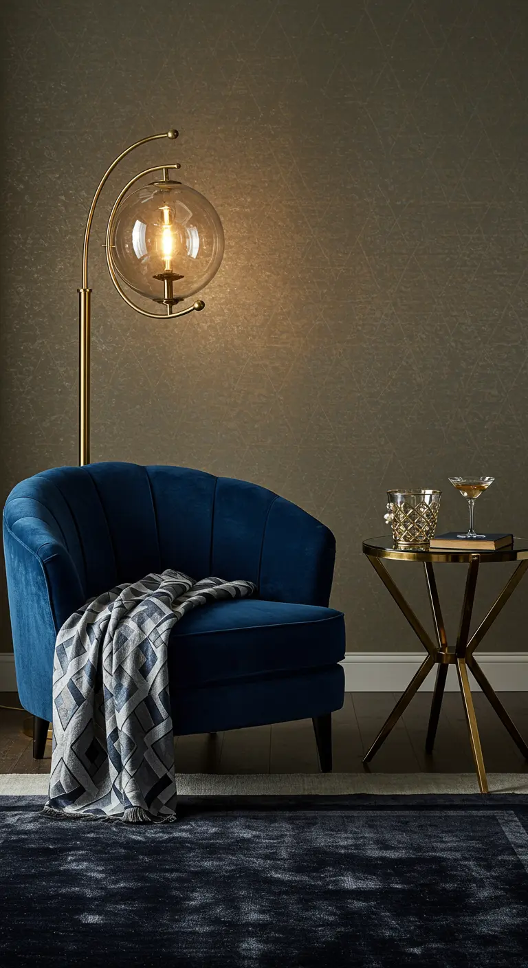 Fauteuil bleu velours coquille, plaid géométrique, lampe globe laiton, table dorée, coupes.