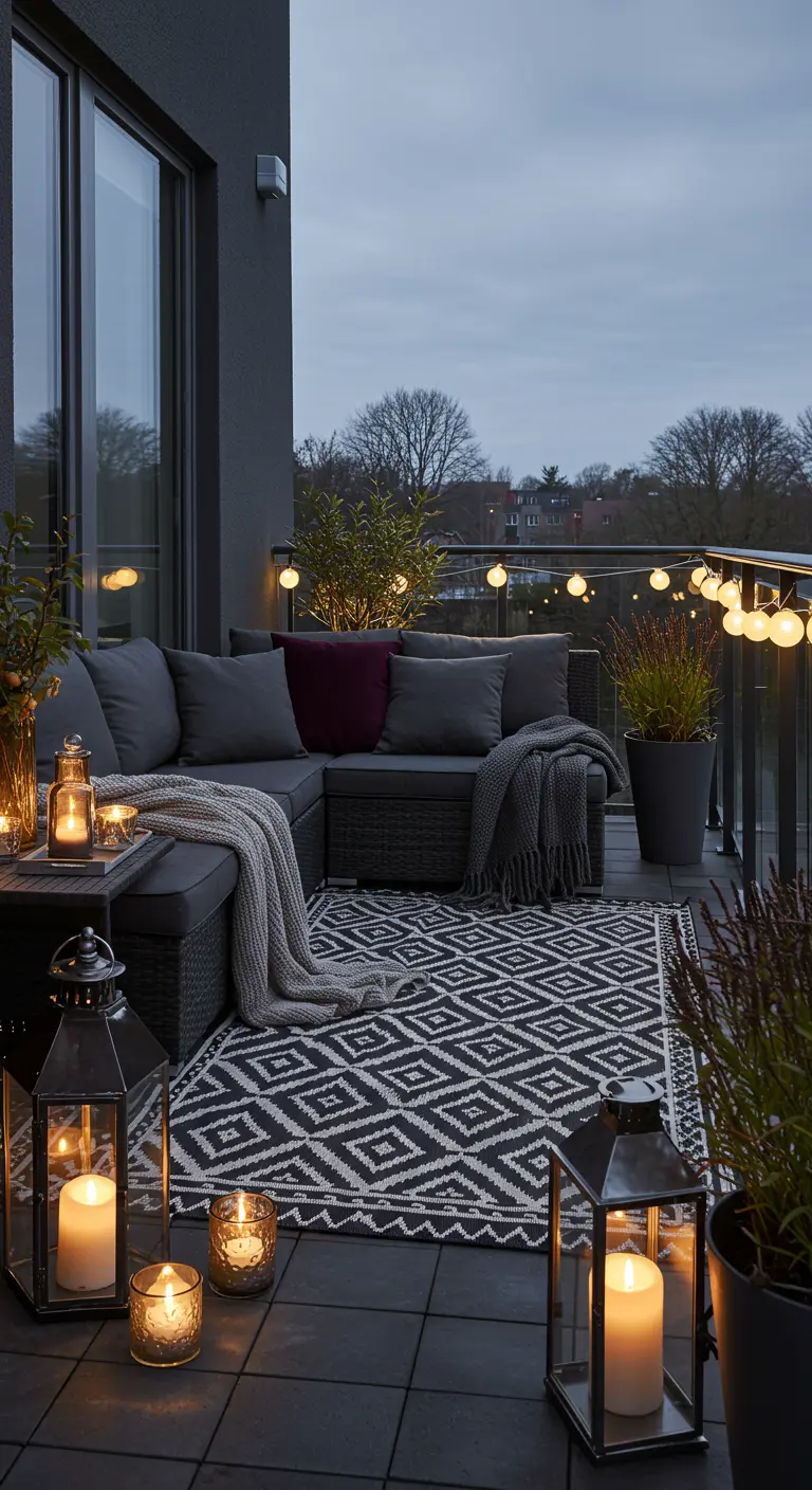 Balcon moderne avec canapé d'angle gris, tapis graphique noir et blanc, lanternes et plantes.