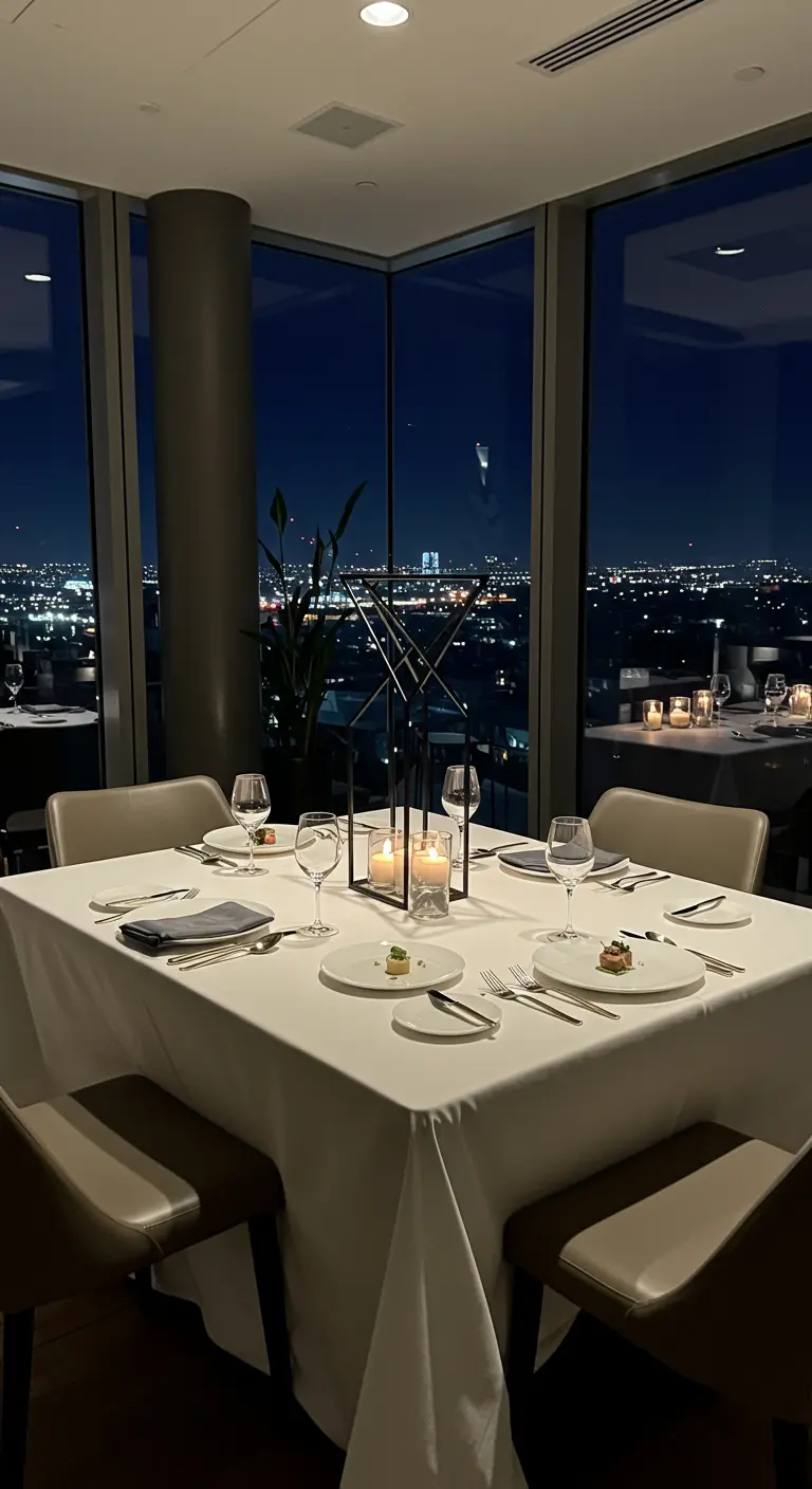 Table de restaurant moderne avec nappe blanche, bougie encadrée dans une structure géométrique noire, et vue urbaine.