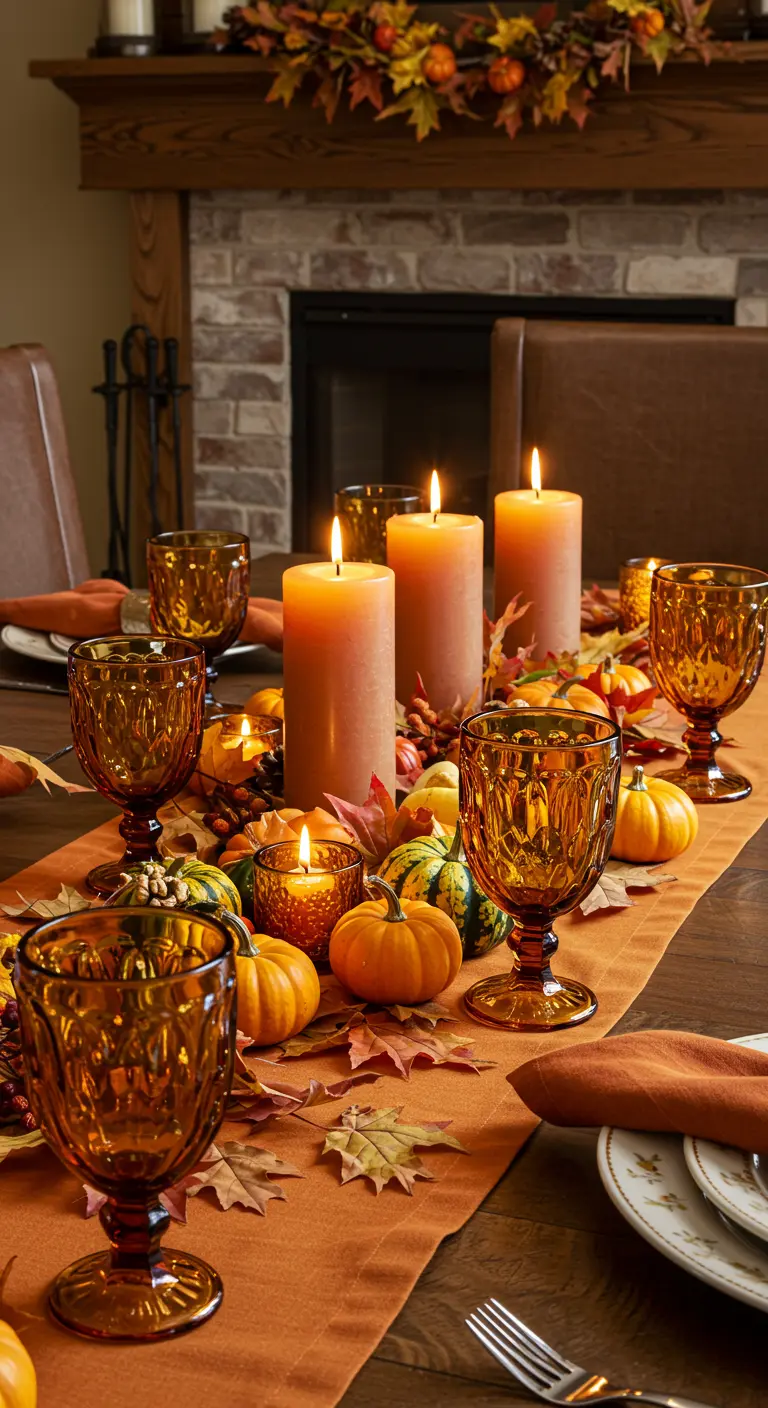 Table d'automne avec des verres ambrés, des citrouilles et des bougies épaisses.