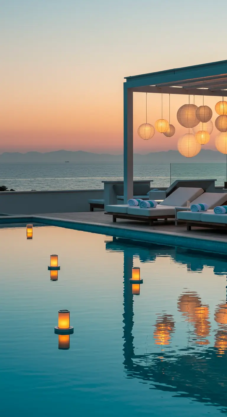 Piscine avec lampions suspendus sous une pergola et lanternes flottantes sur l'eau au coucher du soleil.
