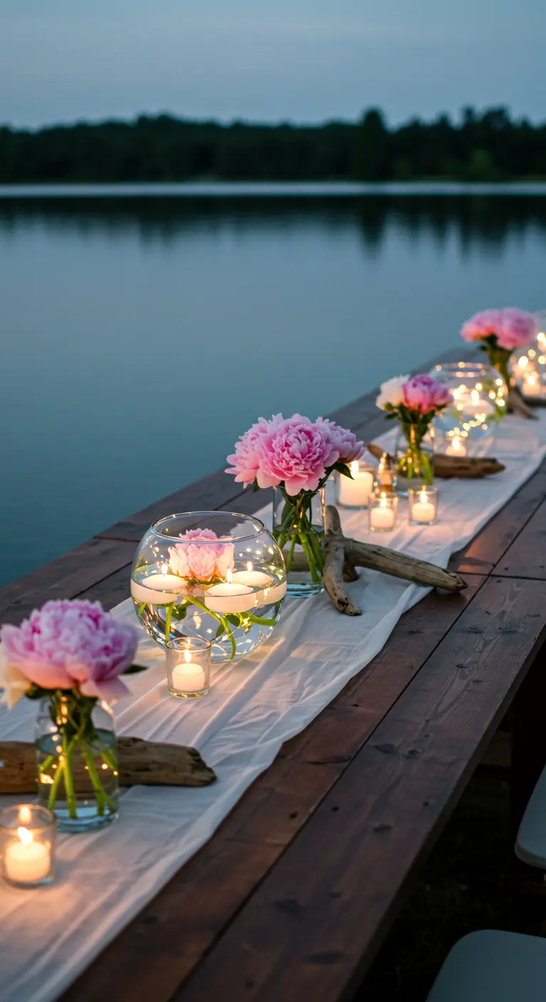 Table de mariage sur un ponton en bois au bord de l'eau, pivoines roses flottantes dans des vasques lumineuses.