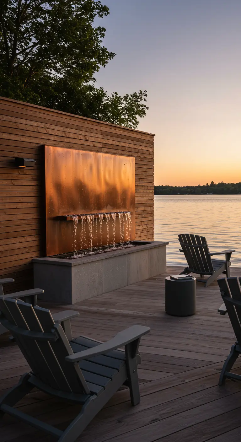 Terrasse en bois au bord d'un lac avec une large fontaine en cuivre au coucher du soleil.