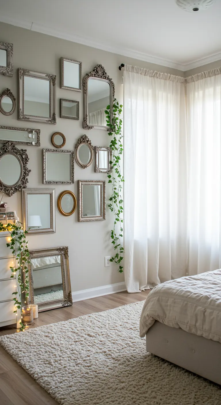 Mur gris clair avec une collection éclectique de miroirs encadrés d'argent.