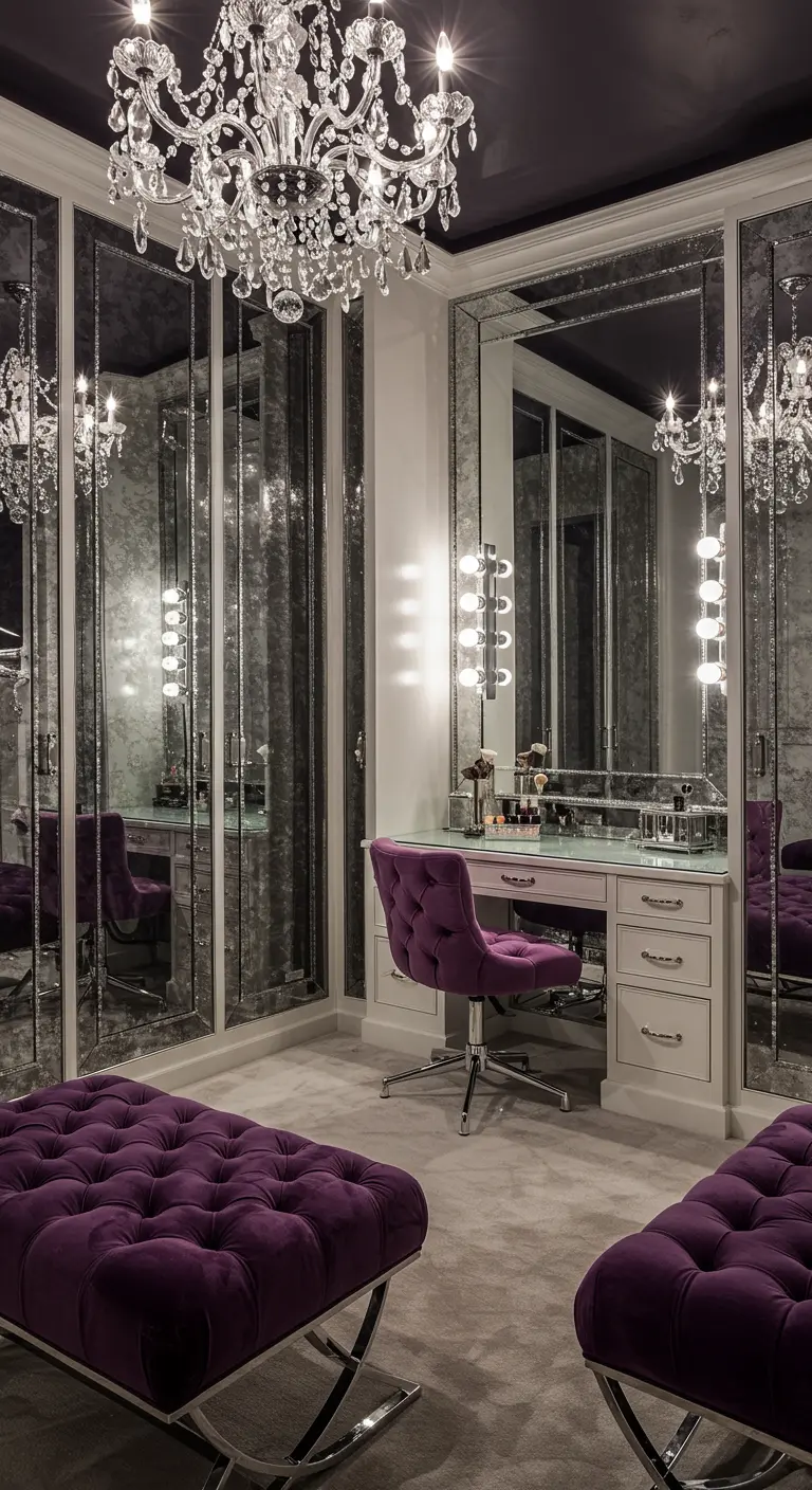 Dressing luxueux avec murs miroirs, coiffeuse blanche, lustre en cristal et chaise velours violet.