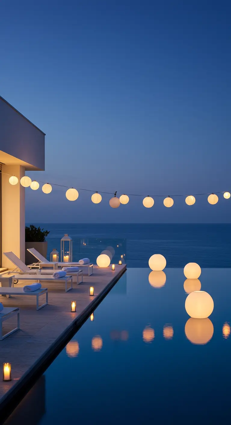 Piscine de nuit avec des lampions suspendus et des sphères lumineuses flottantes.