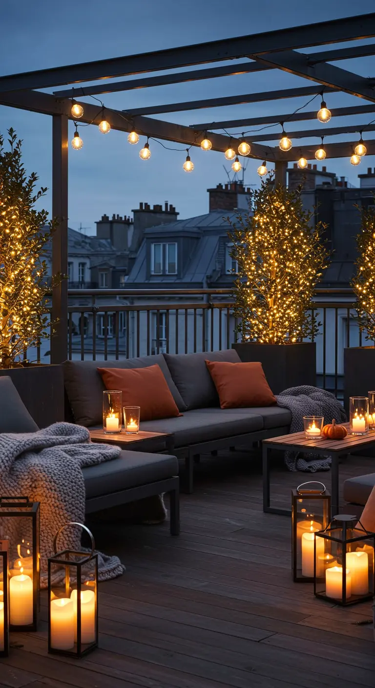 Terrasse d'automne avec guirlandes lumineuses, lanternes, canapé gris et coussins orange.