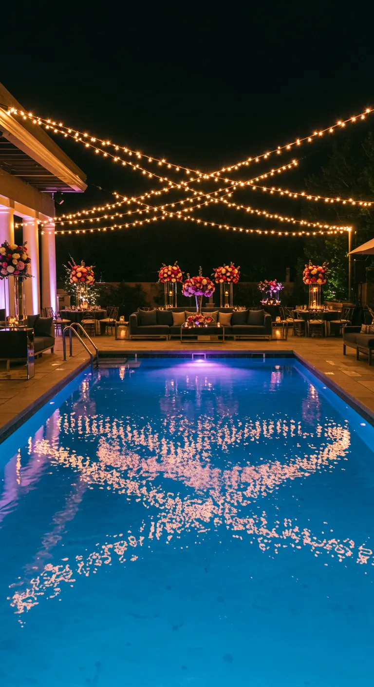 Piscine élégamment illuminée par des guirlandes lumineuses et des reflets scintillants.