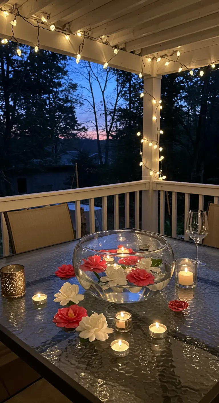 Grand bol en verre avec des fleurs et des bougies flottantes sur une table de terrasse.
