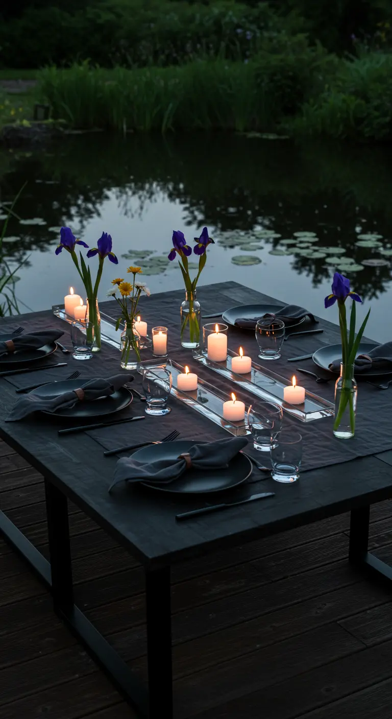 Table sombre près d'un étang, chemin d'eau lumineux avec bougies flottantes, iris.