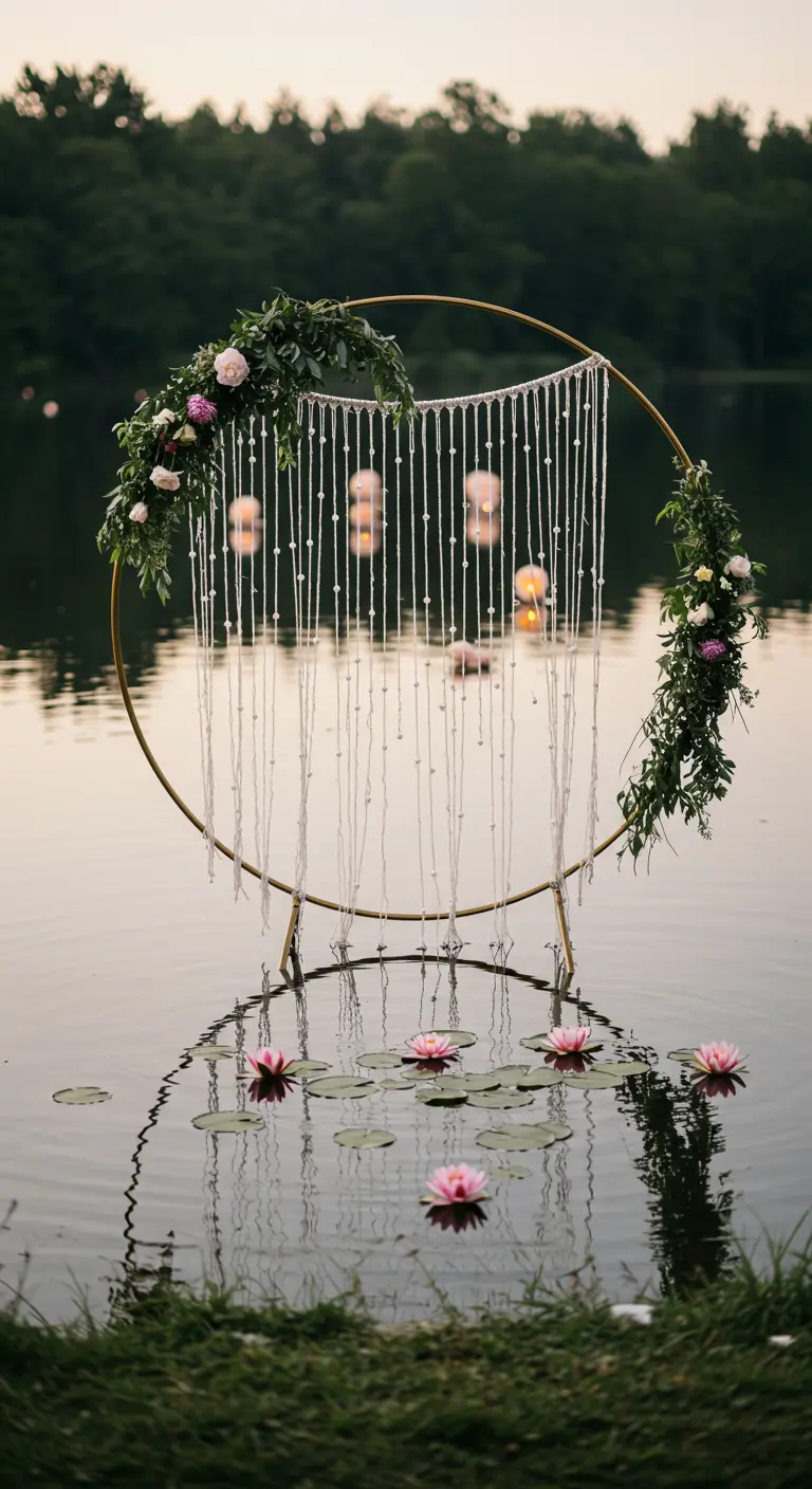 Arche circulaire dorée au bord de l'eau avec un rideau de macramé et des nénuphars.